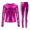 thumbnail image 3 of IWRICH Shiny Liquid Metallic Sets for Women 2 Piece Long Sleeve T Shirts High Waist Stretch Leggings Matching Wear Casual Party Jumpsuit Hot Pink M, 3 of 3