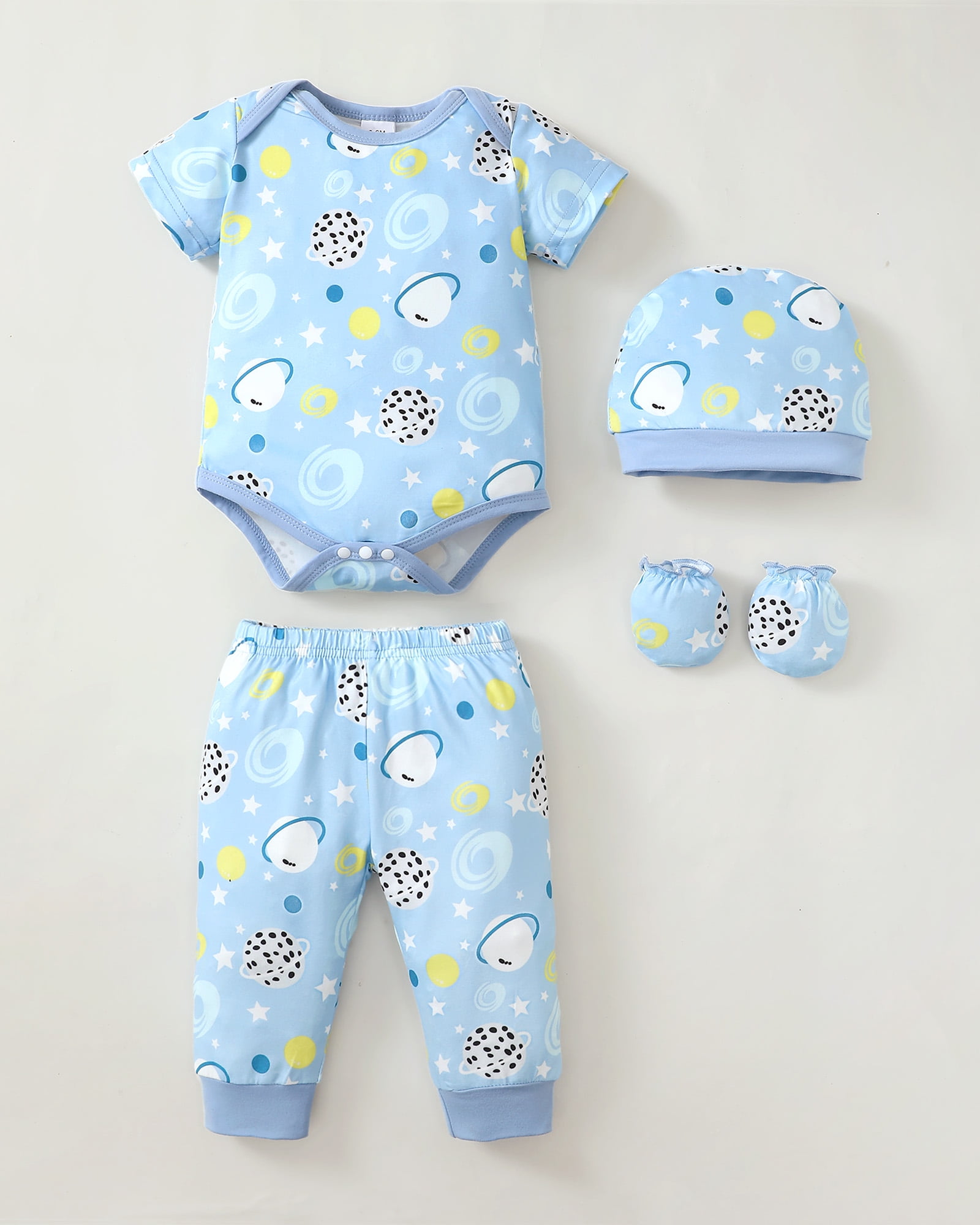 KIMI BEAR Newborn Baby Boys Outfits Sets 4 Packs 0-3 Months Summer Clothes Sets Short Sleeves Romper Top Elastic Pants with Hats and Gloves 16pcs Layette Essentials Blue