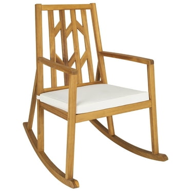 Gymax Outdoor Acacia Wood Rocking Chair Wooden Patio Rocker w/ Beige Cushion