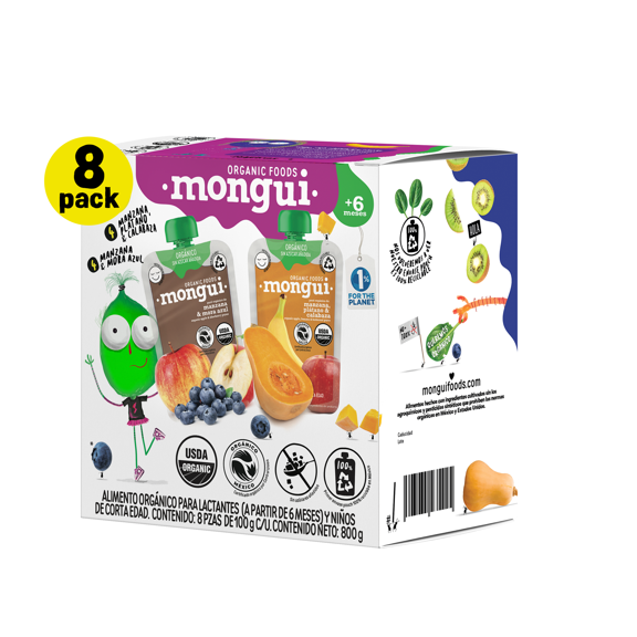 Alimento Infantil Orgánico Mongui Sabores Mora Azul y Plátano-Calabaza (8pz)