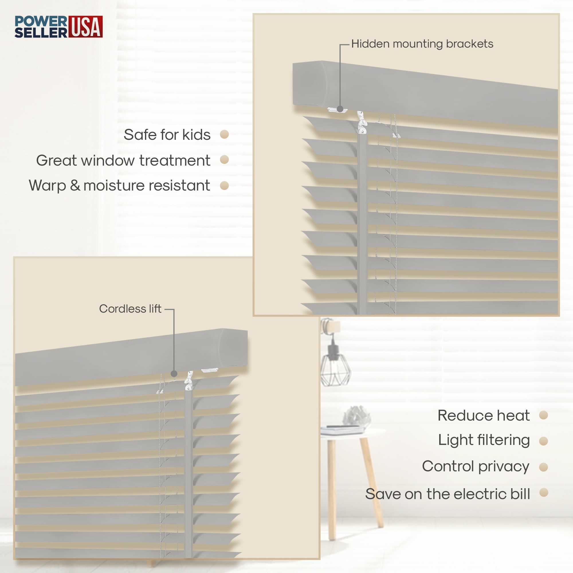 PowerSellerUSA 1" Slats Cordless Window Blinds, 72L x 31W Inches Solid Pattern Light Filtering Vinyl Indoor-Outside Ceiling Mount Mini Blind, Manual Cordless Rollup Window Privacy Blinds, Gray