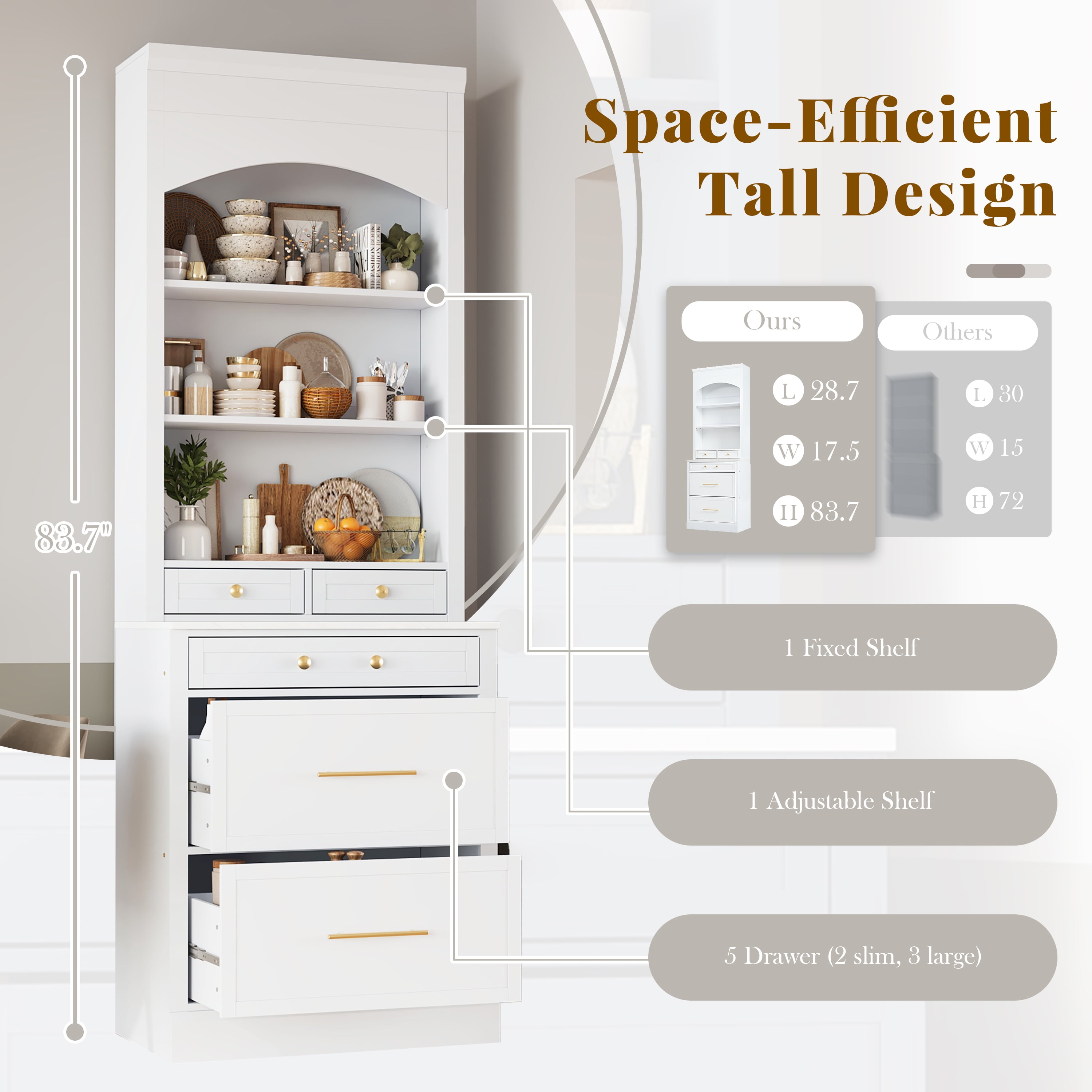 Harper & Bright Designs Freestanding Kitchen Pantry Storage Cabinet with Drawers and Shelves, Tall Kitchen Hutch with Faux Marble Top, White