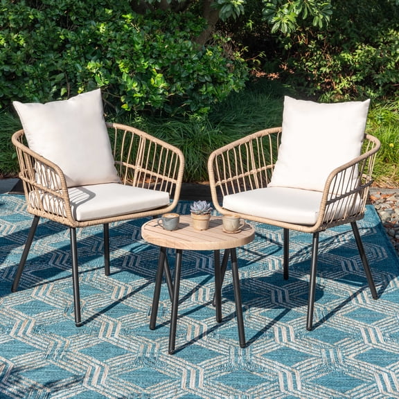 Nuu Garden 3-Piece Patio Bistro Set, Slatted Metal Side Table and Wicker Chairs Set of 2 with Cushions, PE Wicker Outdoor Furniture Set, Patio Conversation Set, Beige