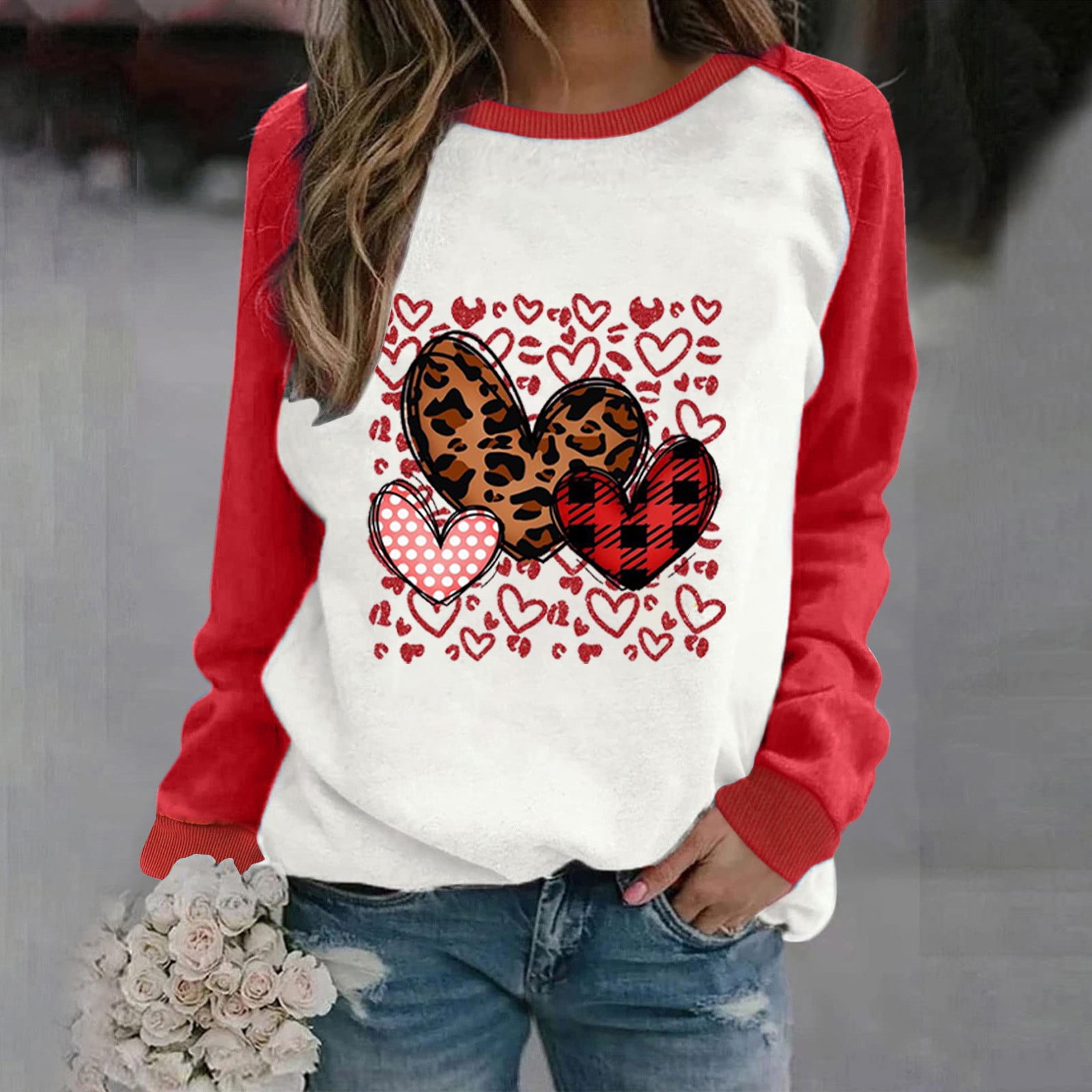 Starcove Leopard Heart Sweatshirt, Cheetah Graphic Valentines Day Crewneck Fleece Sweater Pullover Men Women Aesthetic Top Red / XL