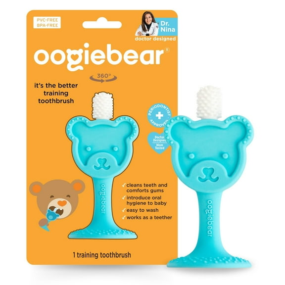 Oogiebear Baby 360° Training Toothbrush - Silicone Teether, Dishwasher-Safe, BPA-Free, Blue