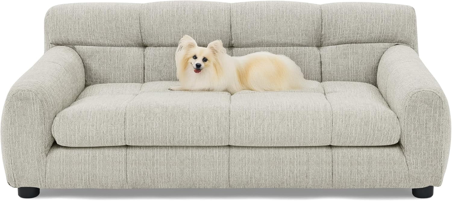 38" Dog Sofa Bed, Elevated Dog Bed with Backrest and Armrests, Soft Memory Foam Couches for Small and Medium-Sized Pets, Durable Linen Pet Couch Furniture, Beige
