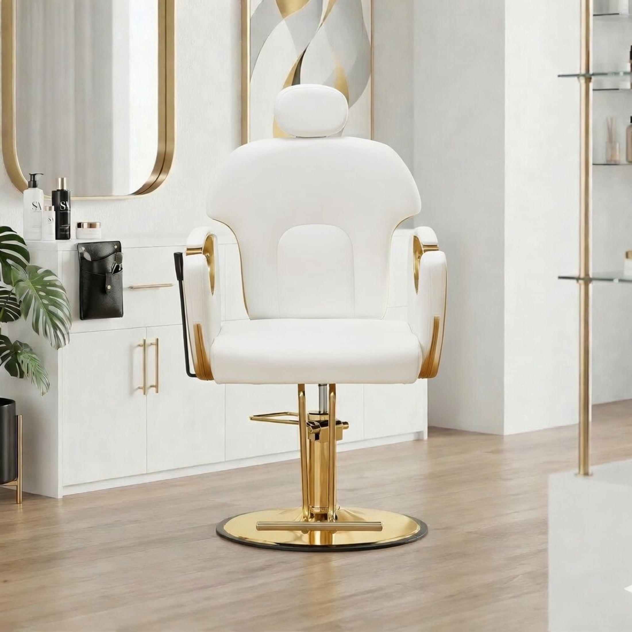 Noble House Hydraulic Barber Chair, Reclining Salon Styling Chair, PU Upholstery, White + Gold