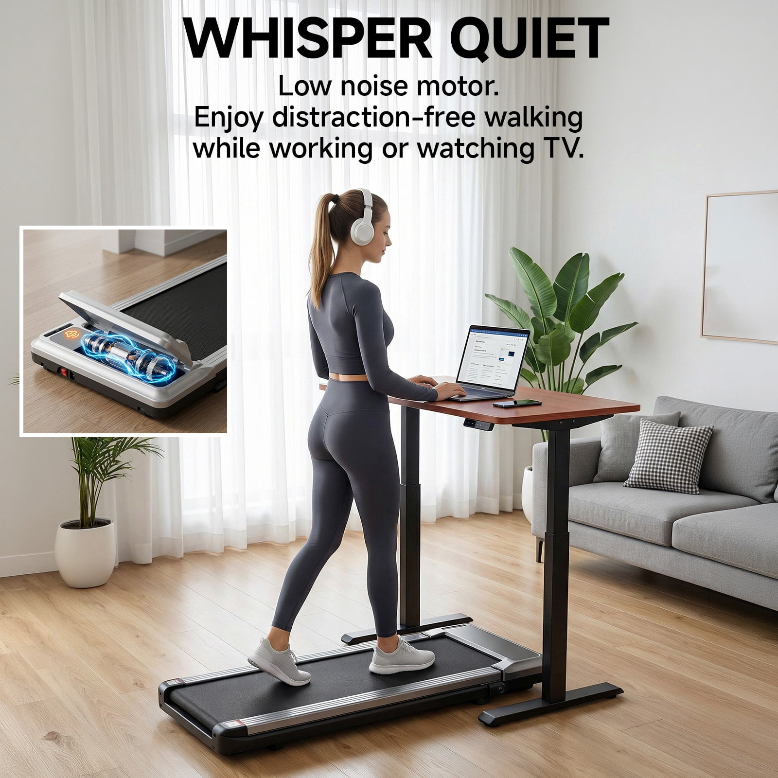 Alvantor 3-in-1 Compact Under Desk Treadmill, Quiet Walking Pad for Home & Office, 2.25HP Motor, Remote Control, LED Display, 200 lbs,(Silver/Black)