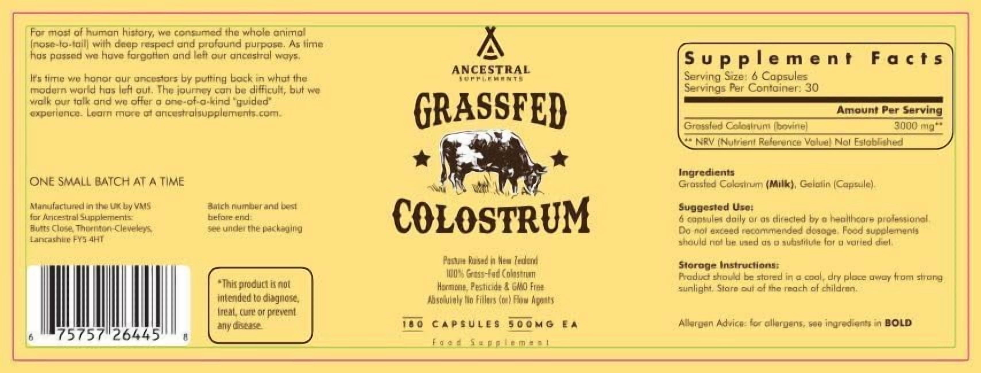 Ancestral Supplements Grass Fed Beef Colostrum Supplement, 3000 mg, Offers Immune Support and Promotes Gut Health, Athletic Performance, Healthy Iron Levels, Growth and Repair, Non GMO, 180 Capsules