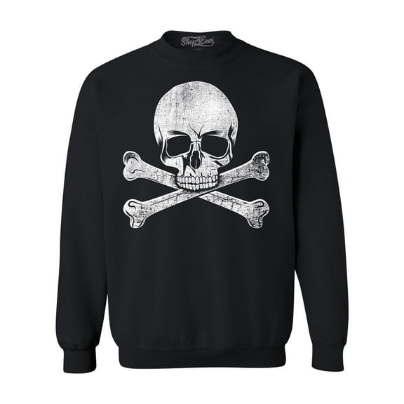 Shop4Ever Men's Distressed White Skull and Crossbones Crewneck Sweatshirt X-Large Black