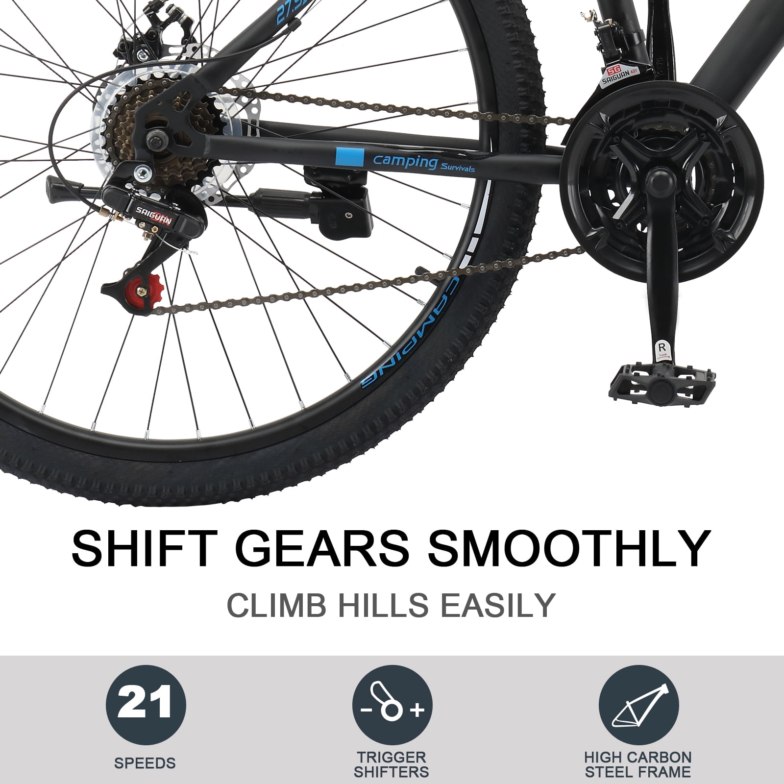 UBesGoo 27.5in Mountain Bike 21 Speed for Adult with Disc Brakes & Suspension, Black, Blue