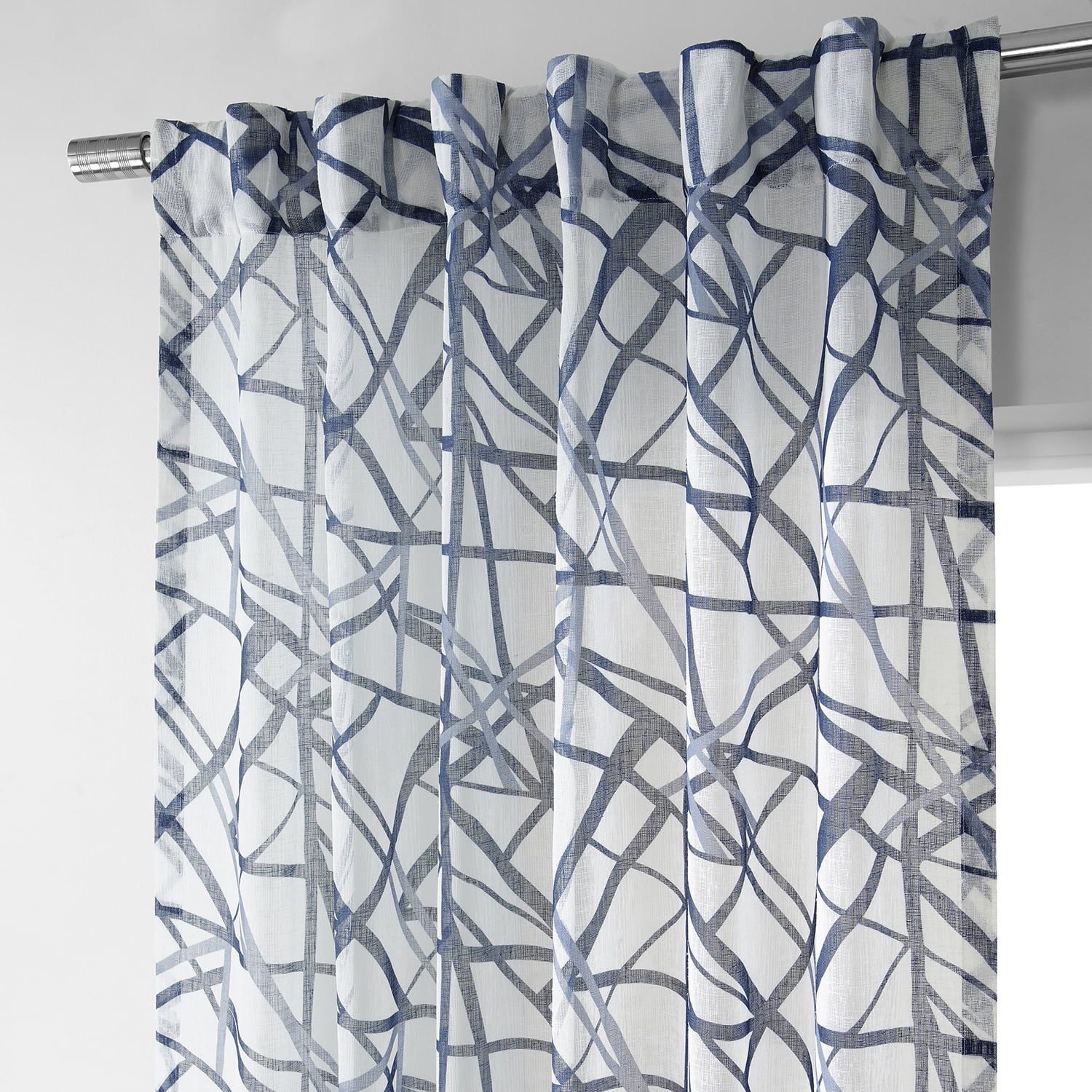 Matrix Blue Printed Faux Linen Sheer Curtain (1 Panel), Matrix Blue, 50W X 96L