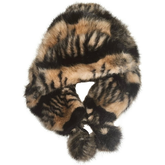 Womens Fuzzy Plush Brown & Black Zebra Striped Trapper Hat Cap