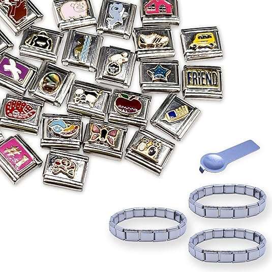 Fablinks Italian Charm Bracelet Charms - Italian Link Starter Pack, 9mm Stainless Steel Jewelry Links with 3 Bracelets and 1 Tool