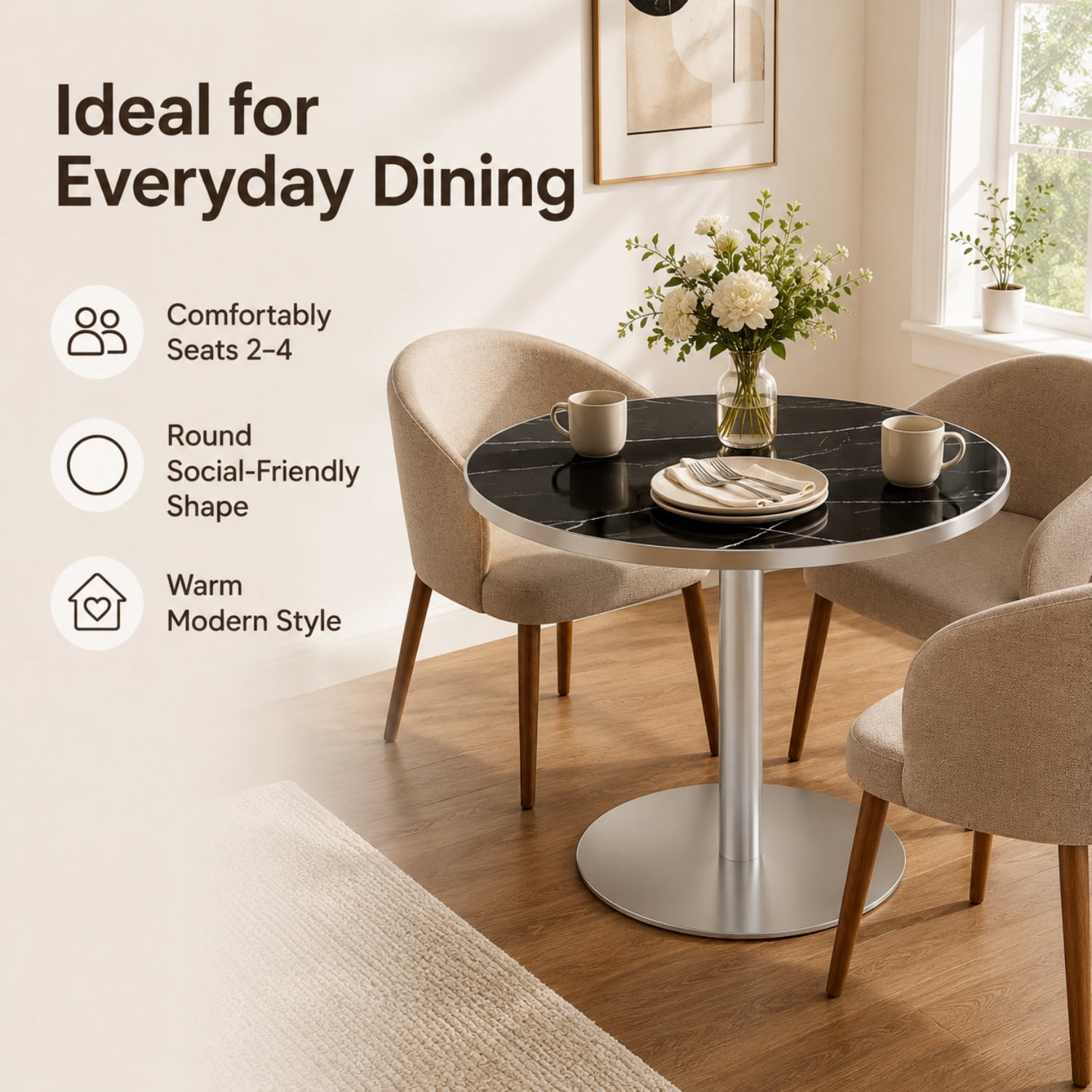 Miniyam 31.5 in. Round Tulip Dining Table for 2-4, Glossy Stone-Look Pedestal Table for Kitchen or Small Spaces, Black&Silver