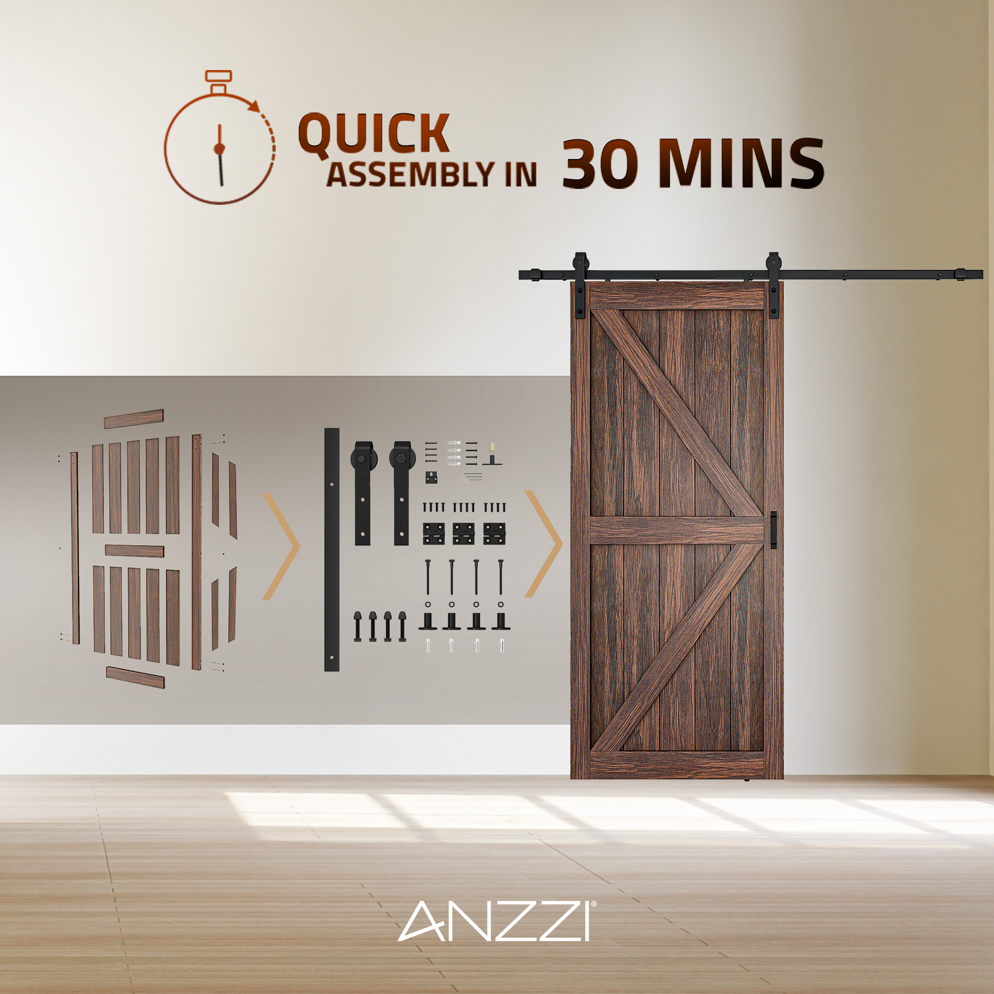 ANZZI Heavy Duty Sturdy Sliding Barn Door - 36x84'' Brown Sliding Wood Single Slide Door - Solid Core MDF + PVC - Knockdown Design - Barn Doors and Hardware Included - Space-Saving Solution
