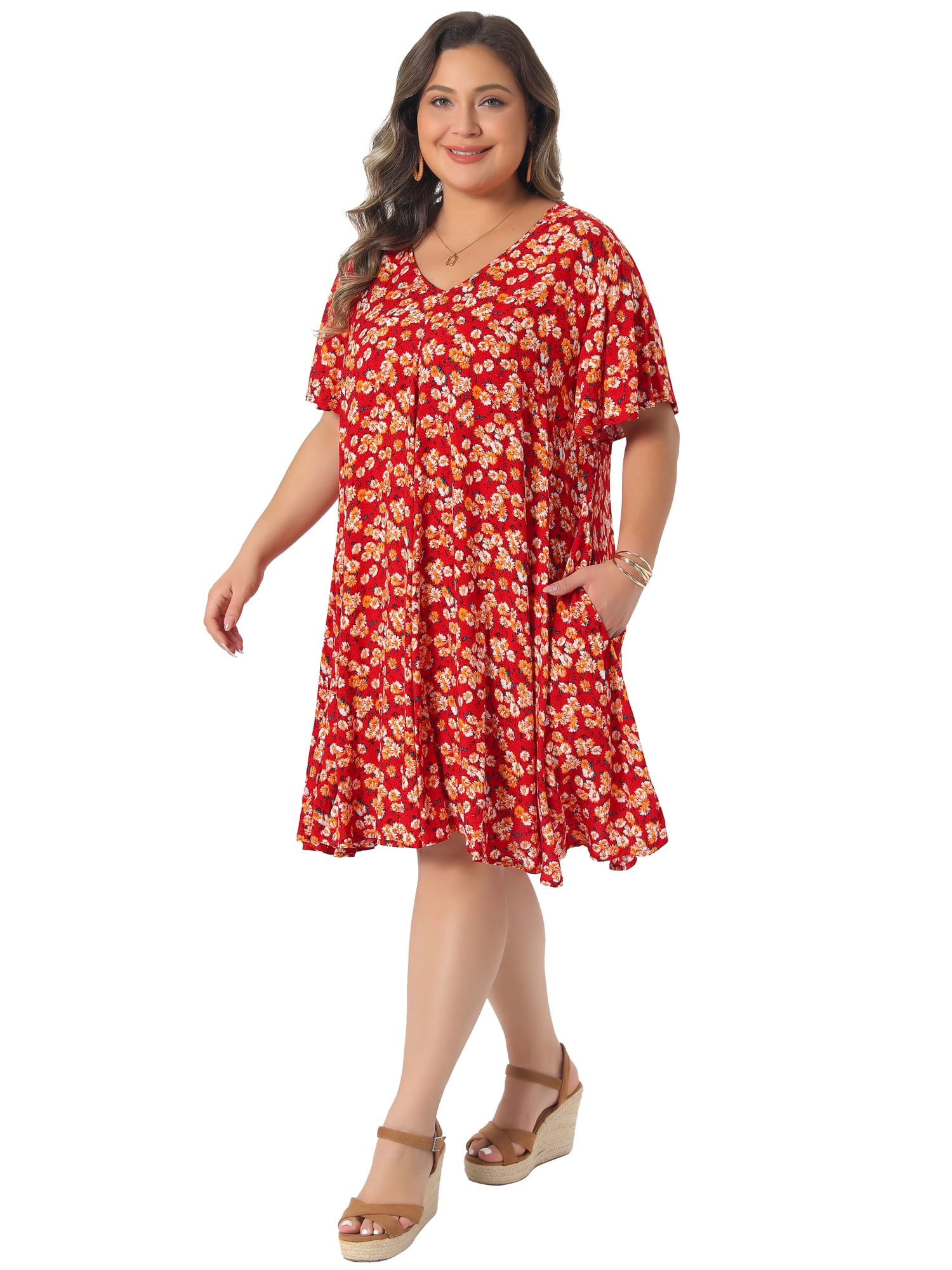 DARING DIVA Women's Plus Summer Short Sleeve V Neck Dress 2X Red