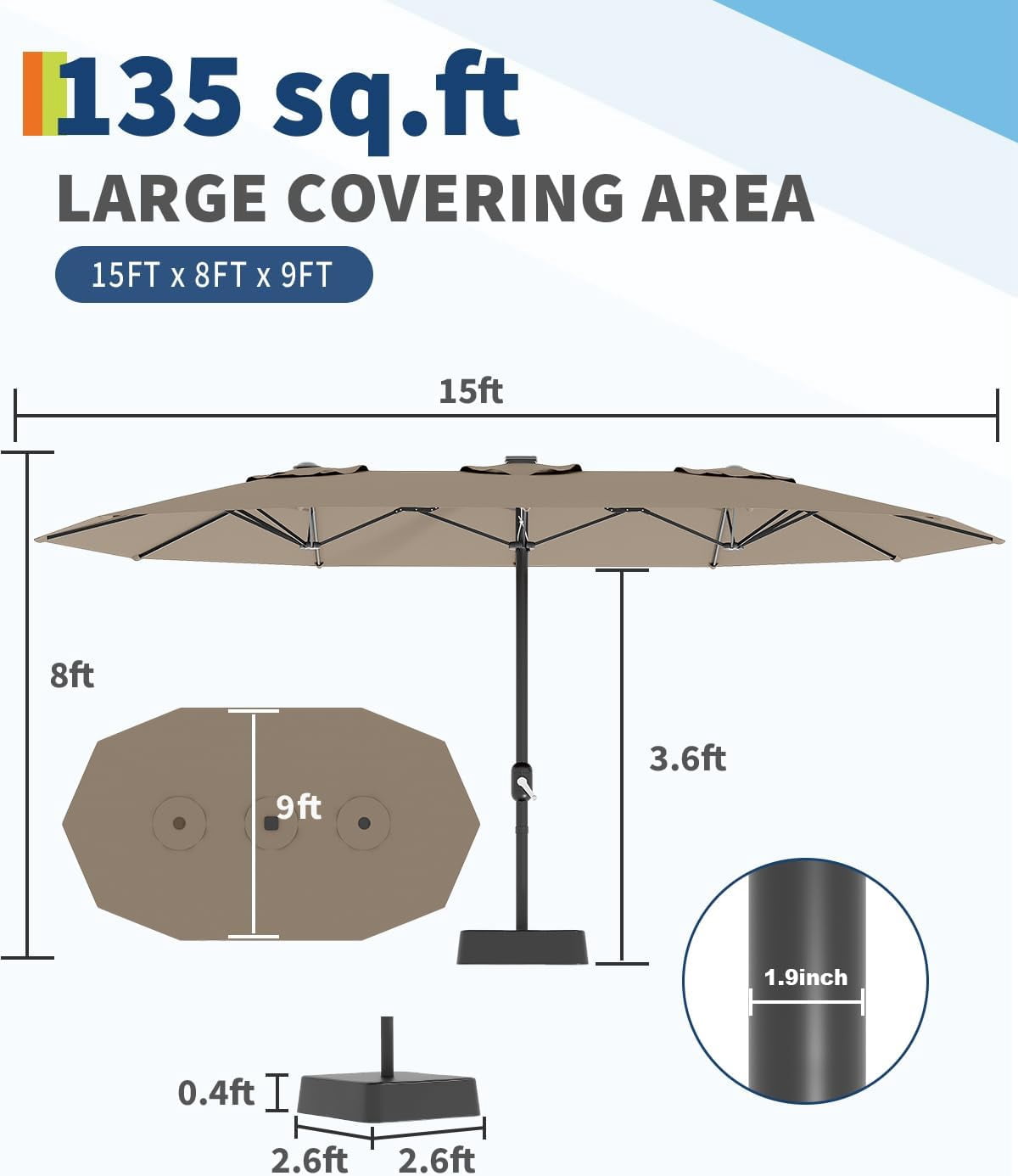 15ft Patio Umbrella with Base,Large Outdoor Double-Sided Rectangle Umbrella with Crank Handle, Market Umbrella for Poolside Garden Deck Backyard Beach Pools