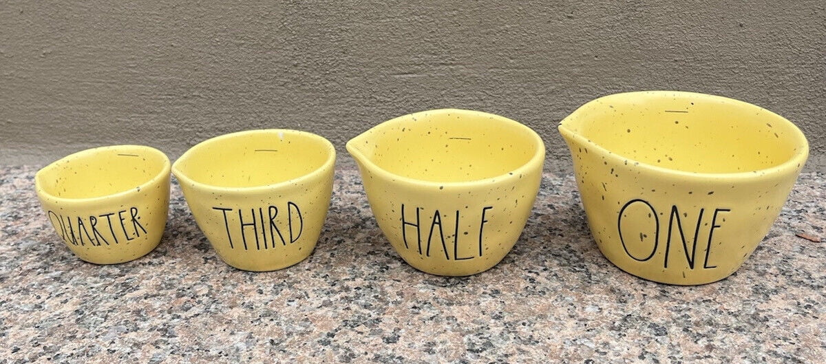 Rae Dunn Yellow Speckled Ceramic Measuring Cups Black Lettering 4-piece set  includes 1 each of One Half Third Quarter Cup Kitchen