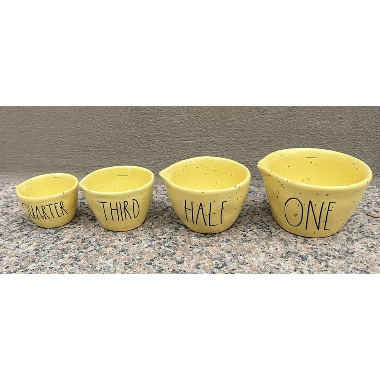 Rae Dunn Yellow Speckled Ceramic Measuring Cups Black Lettering 4-piece set  includes 1 each of One Half Third Quarter Cup Kitchen 