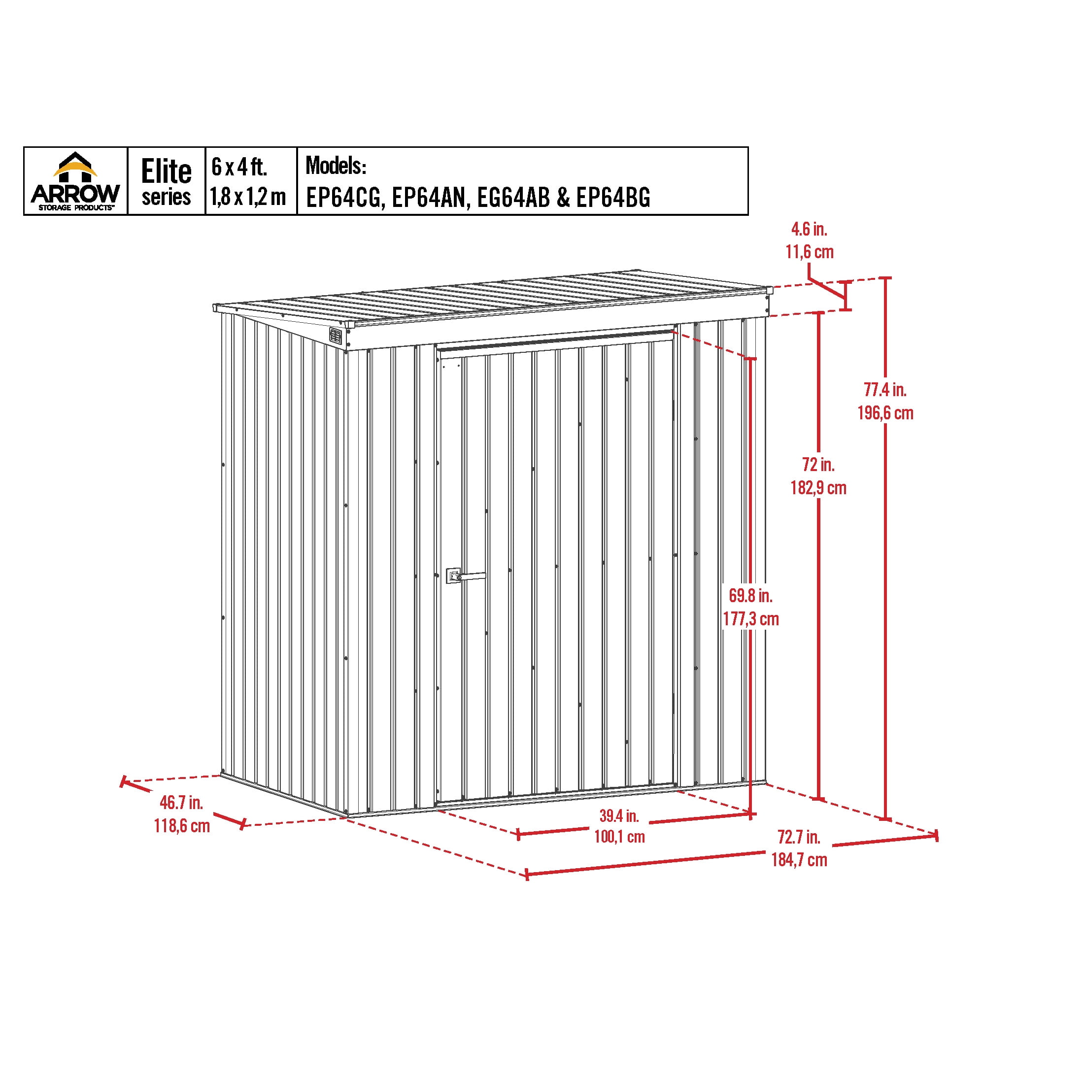 Arrow Elite 6 x 4 x 6 ft Anthracite Steel Storage Shed