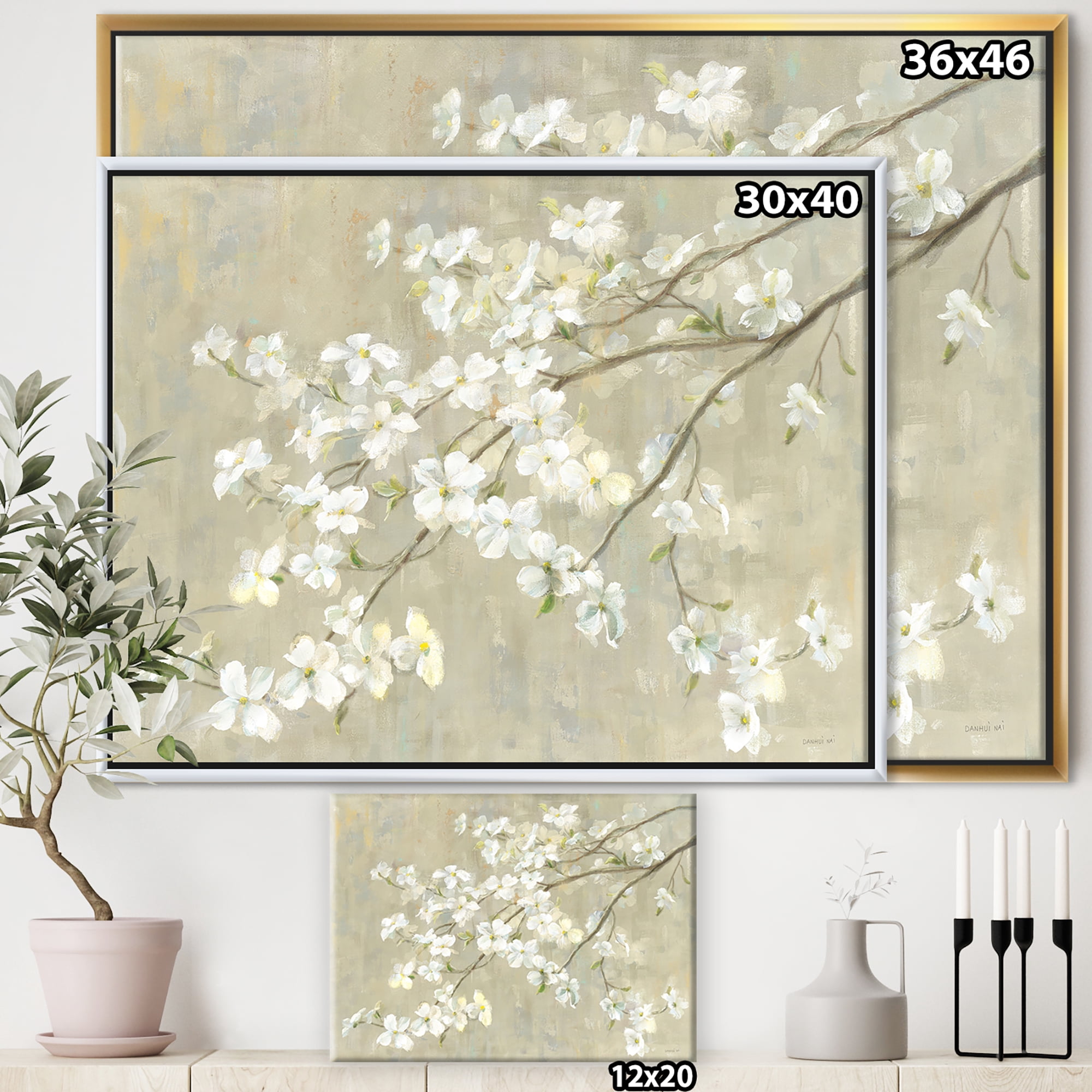 Designart ' Dogwood in Spring Neutral ' Farmhouse Framed Canvas