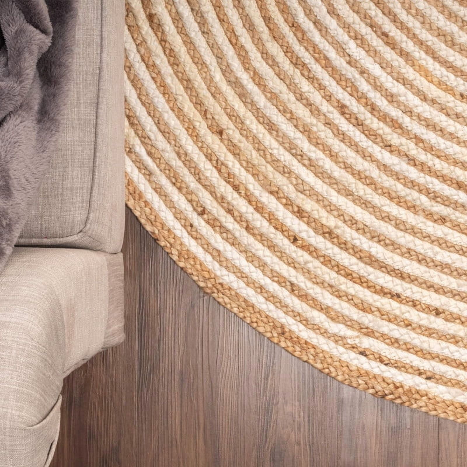 Jute Round Natural Braided Reversible Area Rug , Eco Friendly Rustic Farmhouse Boho Carpet for Living Room, Bedroom, Kitchen, Dining, Ivory, 4 FT