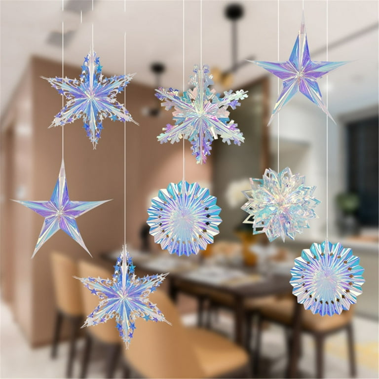 2Pcs Hanging Iridescent Christmas Tree Tissue Paper Flowers Decorative,Foil  Tissue Paper Flowers Ornaments for Christmas ,Snow Theme Party Home Wall