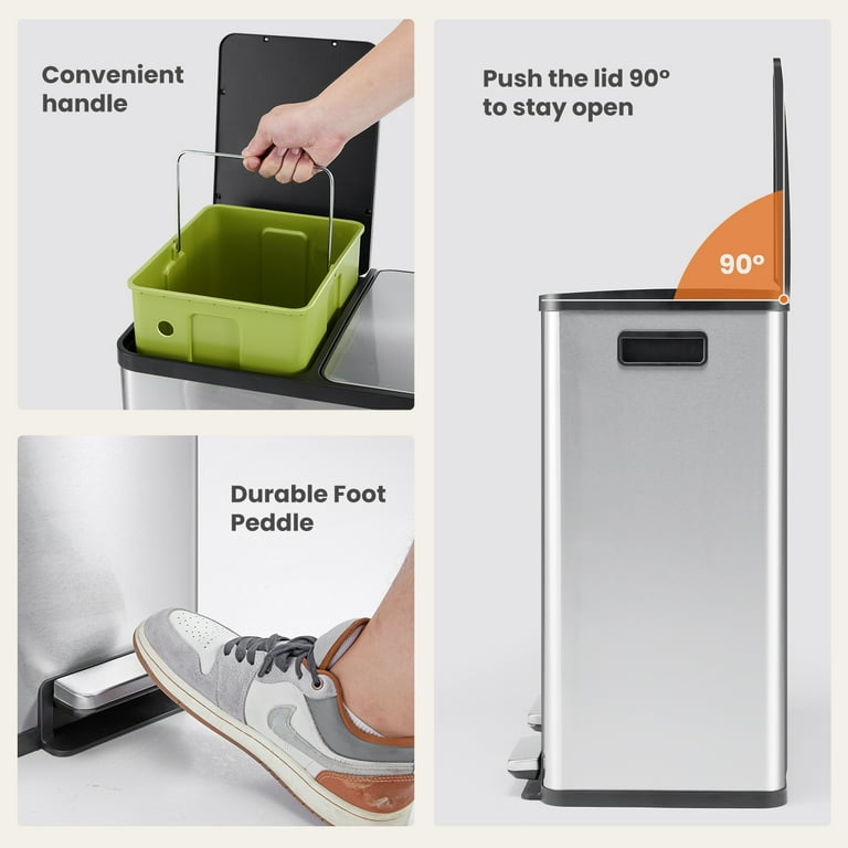 Simenmax 60L Dual Compartment Trash Can, Stainless Steel Sealed