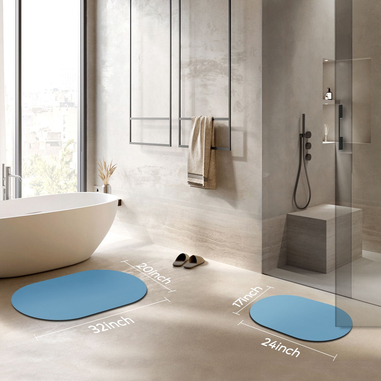 Phantoscope 2-Piece Diatomite Stone Bath Mat Set, Quick-Dry Non-Slip Bathroom Rugs, Blue, 17 x 24 in and 20 x 32 in