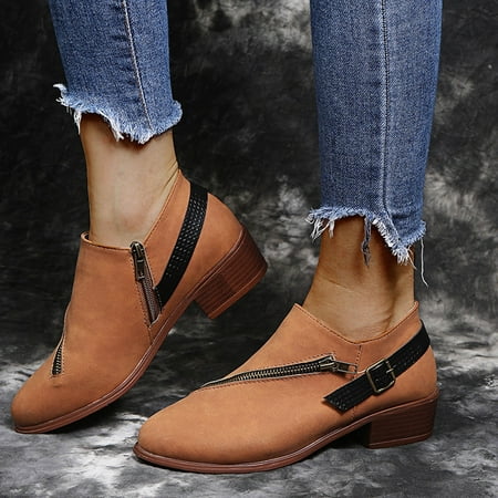 

ERTUTUYI Retro Women Leather Flat Zipper Solid Color Short Booties Round Toe Shoes Brown 36