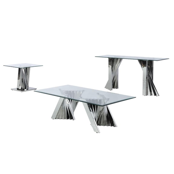 Geometric Clear Glass Coffee   End   Console Set with Silver Stainless Steel