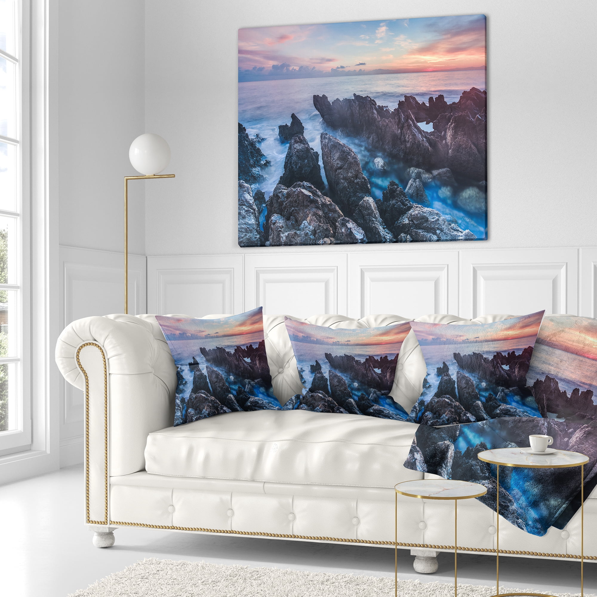 Designart Blue Sunrise Over Coast of Sicily - Beach Photo Throw Pillow - 18x18