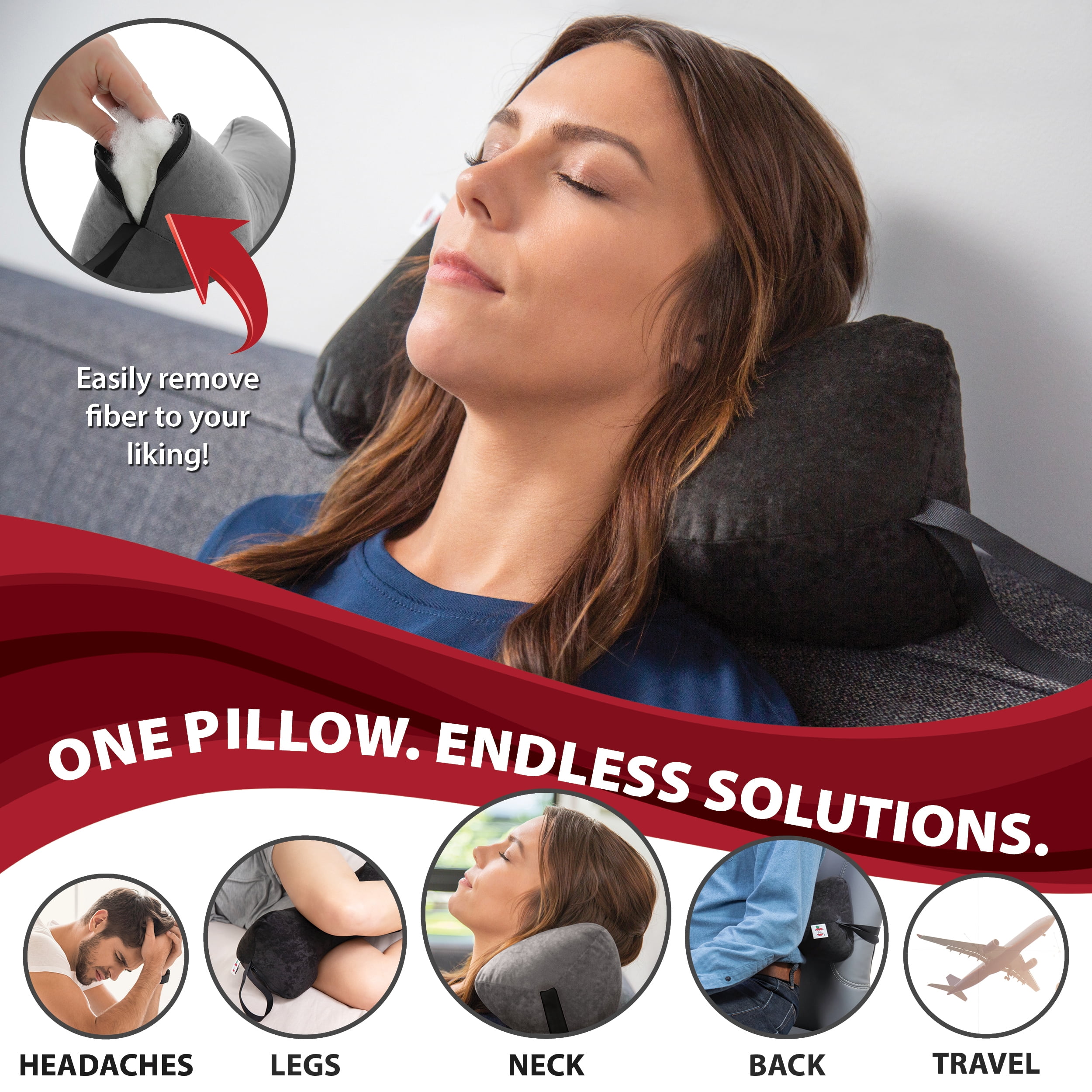 Sleep Log Bone Shaped Chiropractic Neck and Back Pillow for Cervical Support, Adjustable Firmness, Midsize - Travel or Use at Home, 13" x 6" x 6", 60" Strap