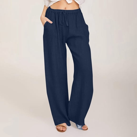 Aimik Women's Casual Solid Color Trousers with Drawstring and Pockets Elastic Waist Summer Loose and Breathable Long Pants