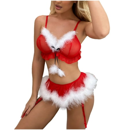 

qucoqpe Women Christmas Lingerie Two Piece Santa Bra and Panty with Garter Belt Set Red Lace Babydoll with Marabou Trim(No Stockings)