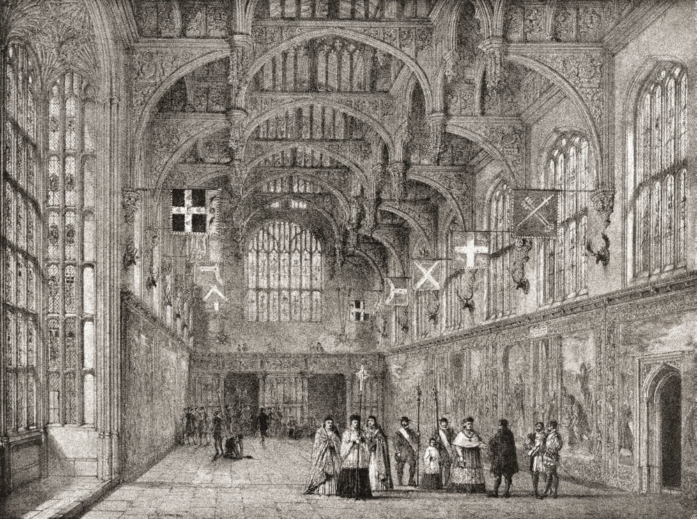 The Great Hall Hampton Court Palace Richmond upon Thames Greater London Middlesex England This scene depicts the chamber in the 16th century From The Mansions of England in the Olden Time published 19