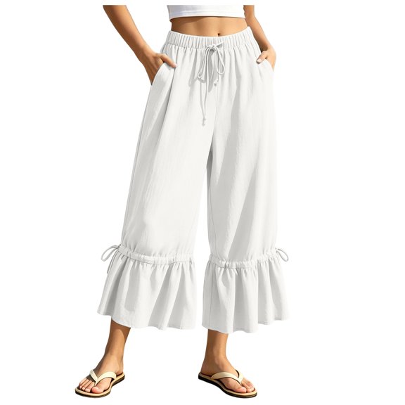 RFQWOVSR Women's Loose Fit Drawstring Linen Pants with Pockets Wide Leg Casual Summer Trousers XL