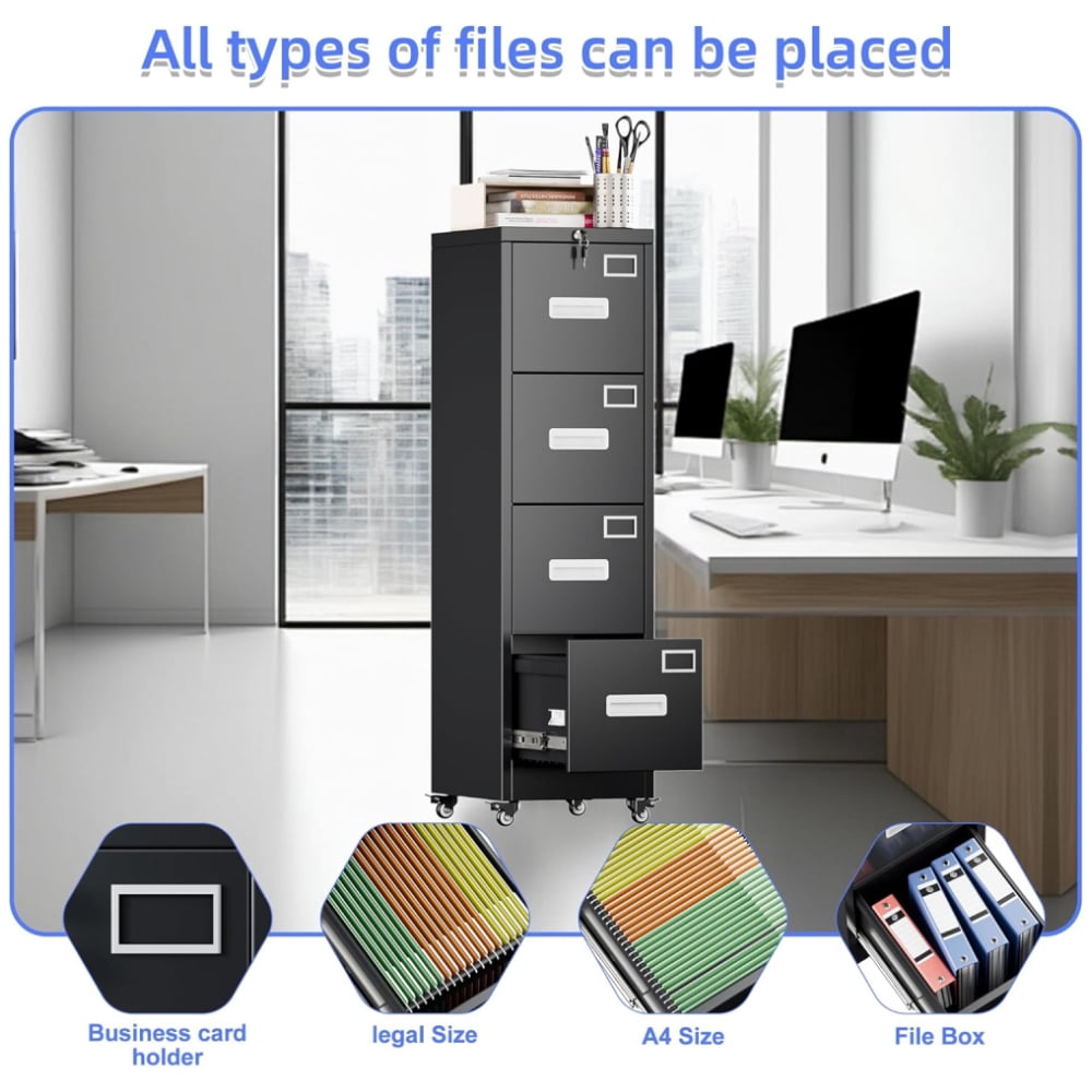 4 Drawer Vertical File Cabinet, Lockable Mobile Storage with Wheels, for Office & Home Use, Assembly Required, Black