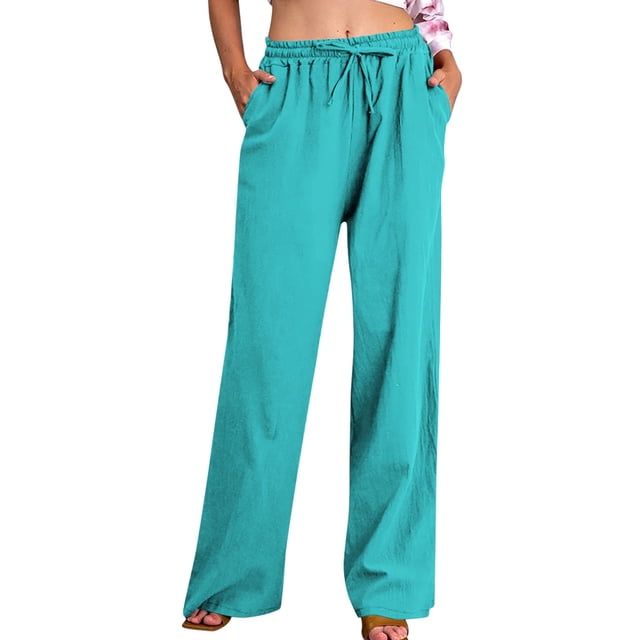 FNFYFH Clearance Womens Wide Leg Pants with Pockets Drawstring Cotton Linen Pant Solid Palazzo Trousers,Yellow