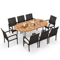 Gymax 9 PCS Patio Rattan Dining Set Acacia Wood Table & 8 Patio Wicker Armchairs Mix Brown