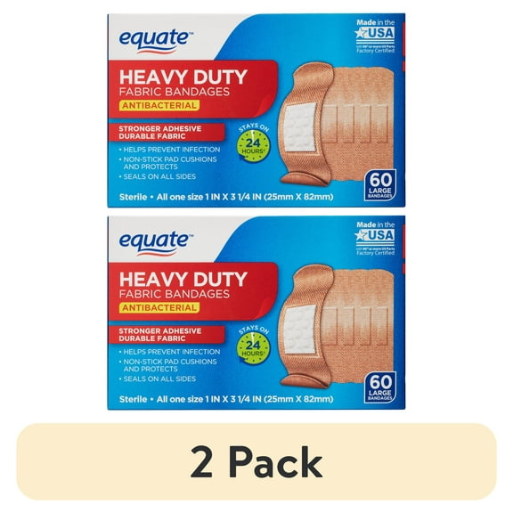 (2 pack) Equate Heavy Duty Fabric Antibacterial Bandages, Large, 60 Count