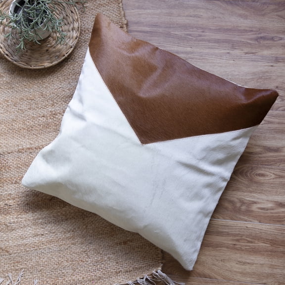 Ox Bay Brody 20" x 20" Ivory/Brown Geometric Faux Leather Hide Adult Decorative Throw Pillow