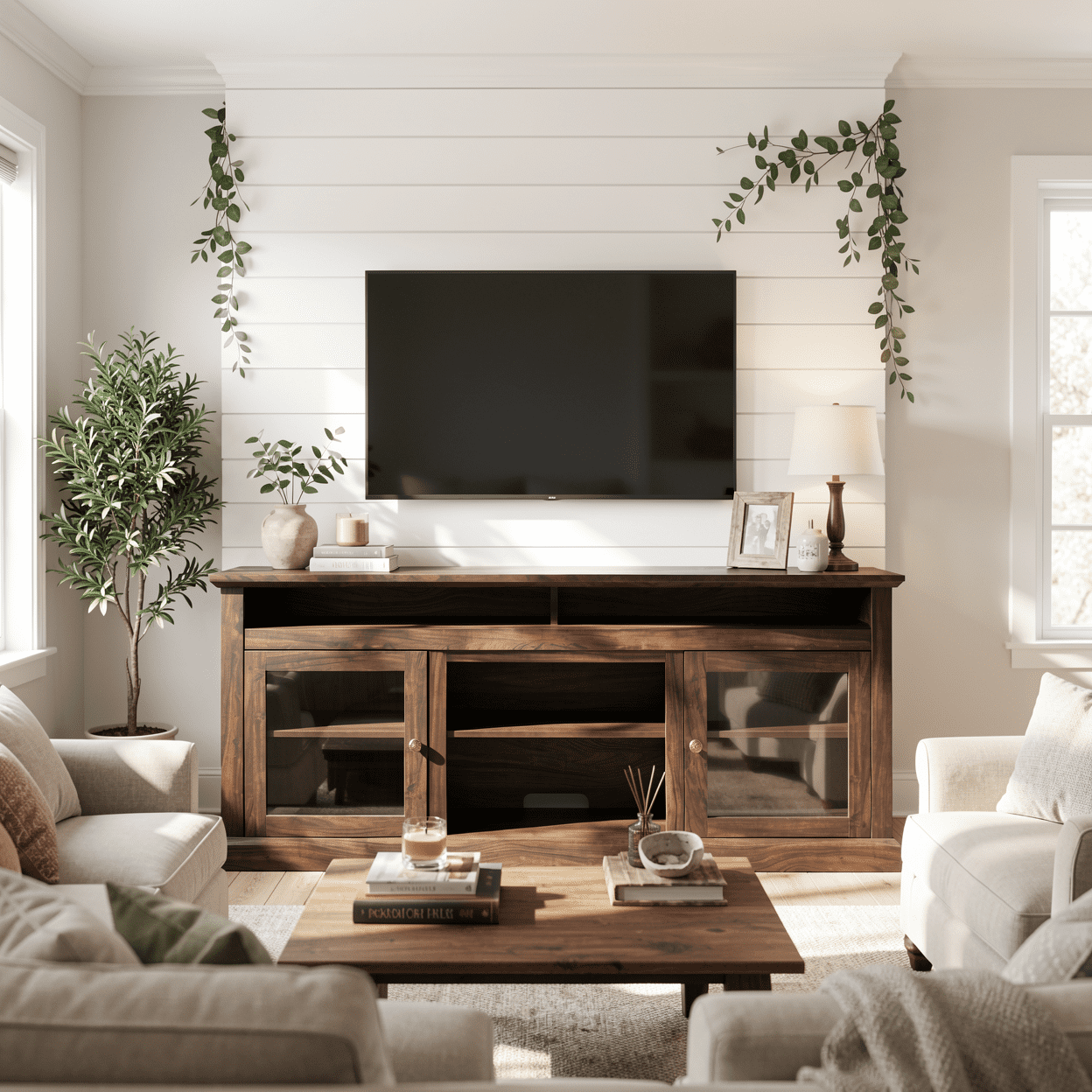 Homy Casa TV Stand for 65 Inch TV with Storage Cabinets and Cable Management for Living Room, Brown
