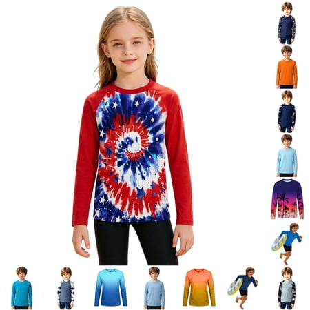 CUZIBR Boys Long Sleeve Rash Guard Shirt Upf 50+ Sun Protection Quick Dry Swim Top Kids Gradient Color Floral Print Swim Tee For Beach Pool Red-h 5-6 Years