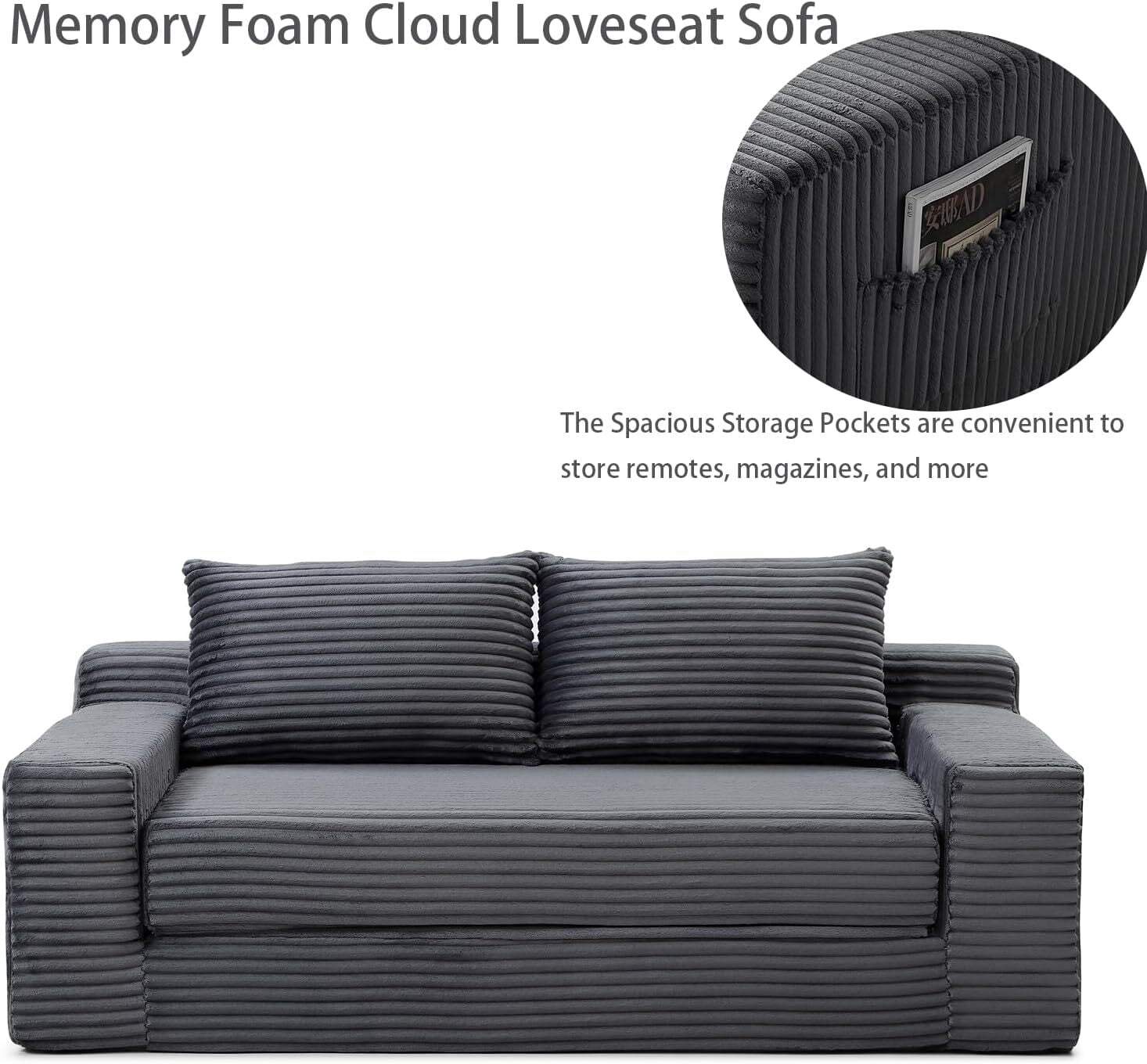 Howcool 73" Boneless Loveseat Sleeper Sofa,2 in 1 Pull Out Convertible Corduroy Floor Couch with Side Storage Pockets & 2 Throw Pillows,Foldable Guest Couch for Living Room,No Assembly Required,Grey
