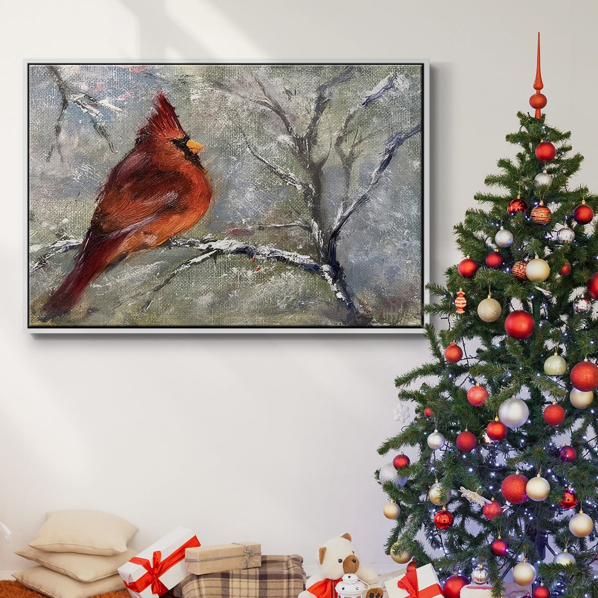 Cardinal in Snow II - Framed Gallery Wrapped Holiday Canvas - 25 x 37 - White Frame