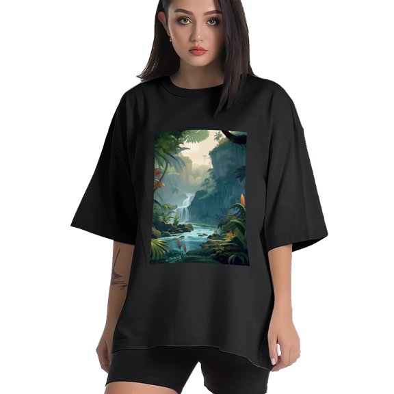 Plus Size Shirt for Women Black Tops for Women Short Sleeves Shirt for Women Jungle Landscape T Shirt Crewneck Shirt for Women XS
