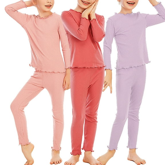 URMAGIC Little Big Child Girls Long Sleeve Cotton Frill Knit Pajamas Set Solid Sleepear