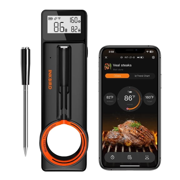 INKBIRD Wireless BBQ Thermometer, Bluetooth 5.4 Meat Thermometer with 5MM Ultra Thin Probe, HD LCD Display, 60 Min Offline Data Storage, Temperature Alarms for Grilling, Cooking, Roasting, Sm